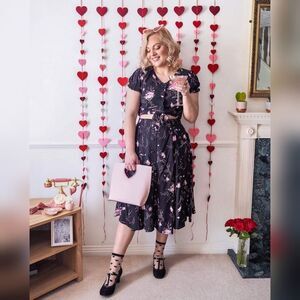 NEW Collectif Megan tipsy‎ elephant black and pink retro midi skirt 6